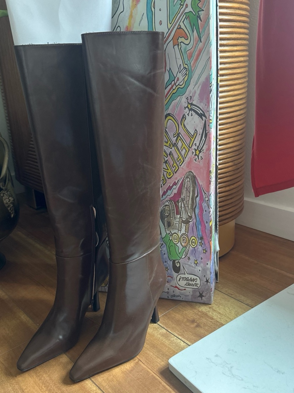 Jeffrey Campbell Tall Pointed-Toe Knee Boots in Dark Brown Leather